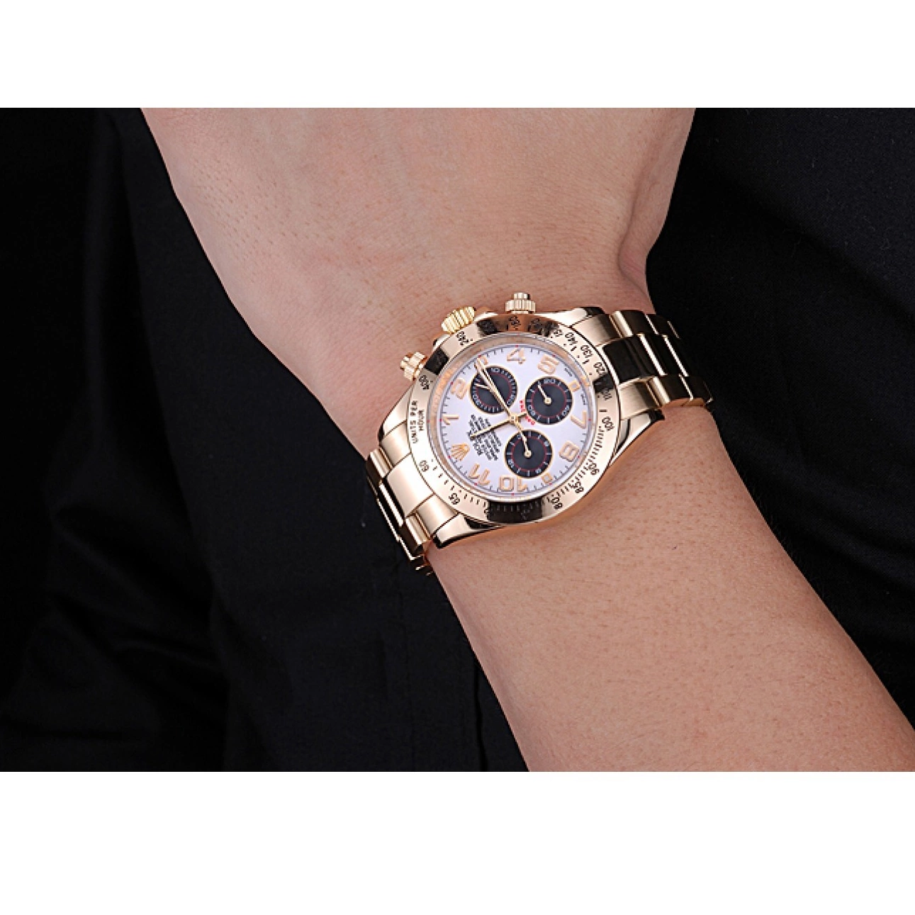 Good copy rolex watches 622548 Daytona Gold Subdials White Rolex with Black Bracelet Cosmograph 0610